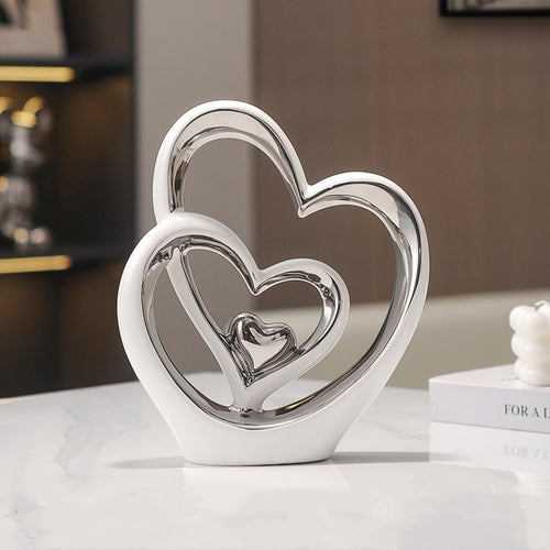 White Silver Heart Sculpture Modern Ceramic Ornament Romantic Home Decor Gift