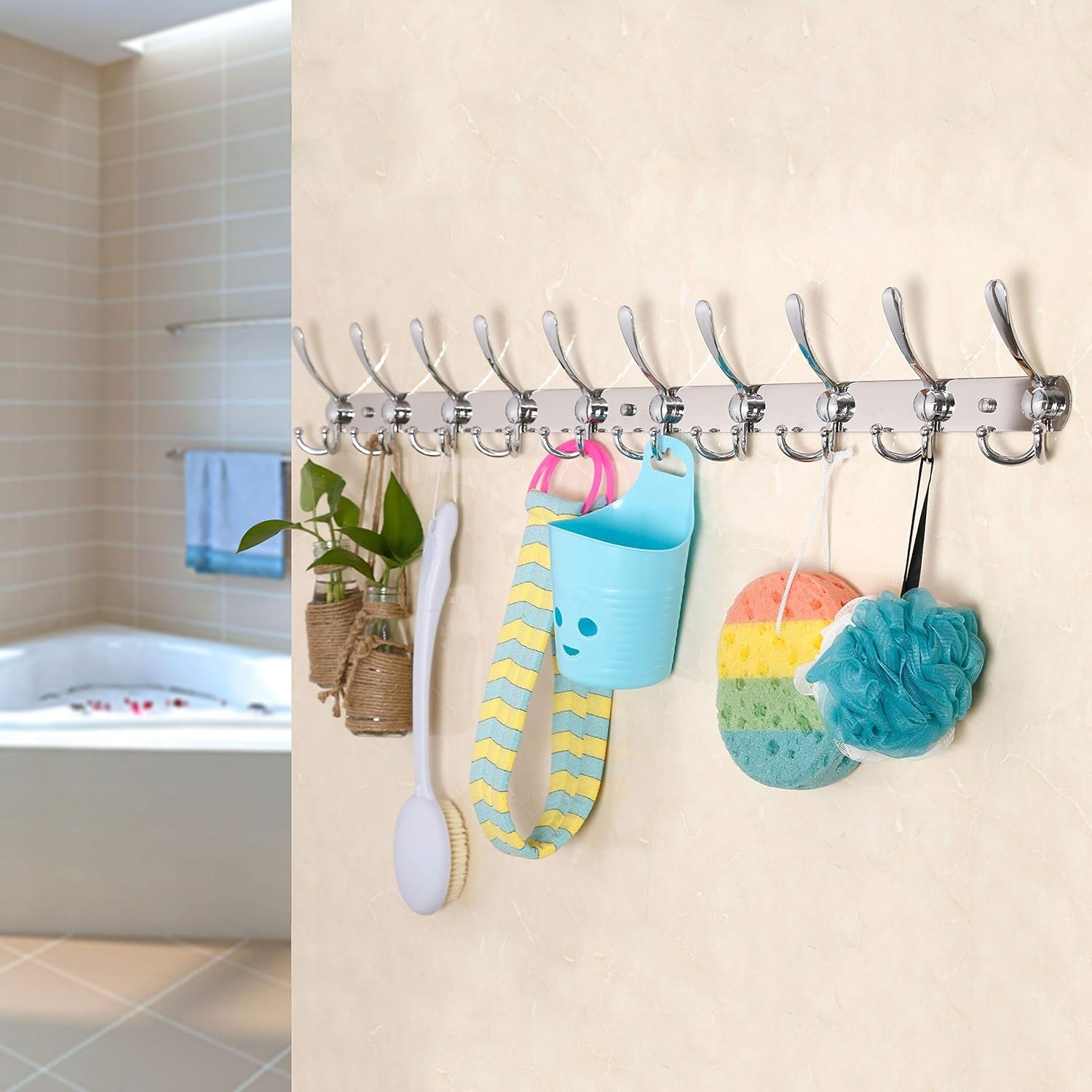 75cm Wall Mounted Coat Rack with 8 Hooks | Chrome Hook Rail Hanger Silver