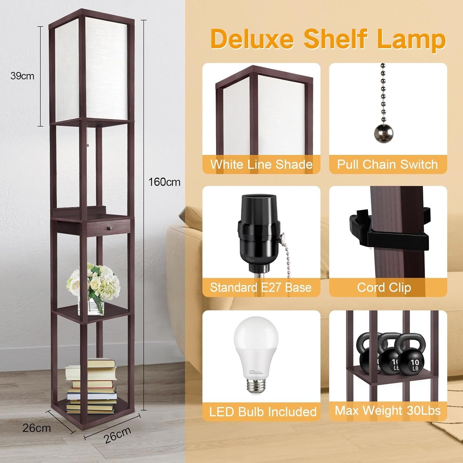 Floor Lamp with Shelves Drawer USB C LED Wooden Standing Storage Light