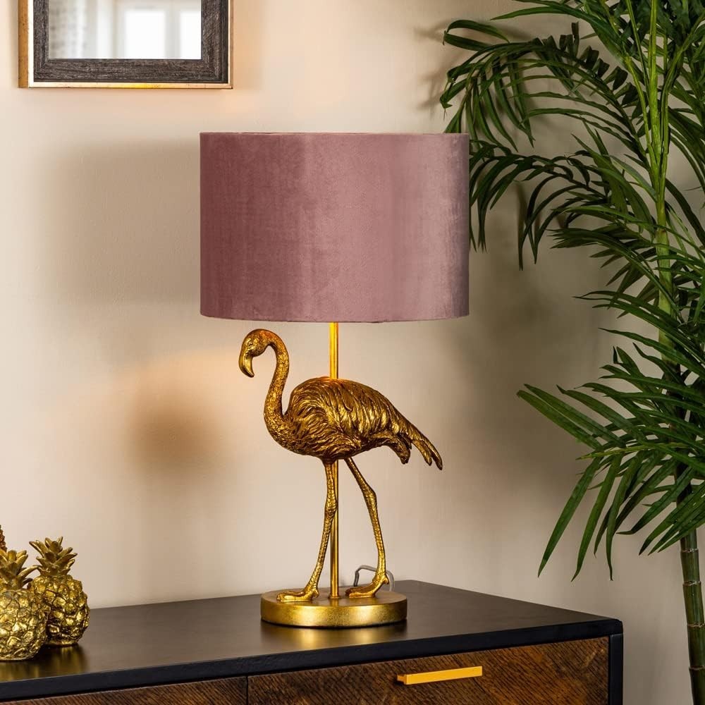 Brass Flamingo Table Lamp with Pink Drum Shade | Stylish 56cm Desk Light