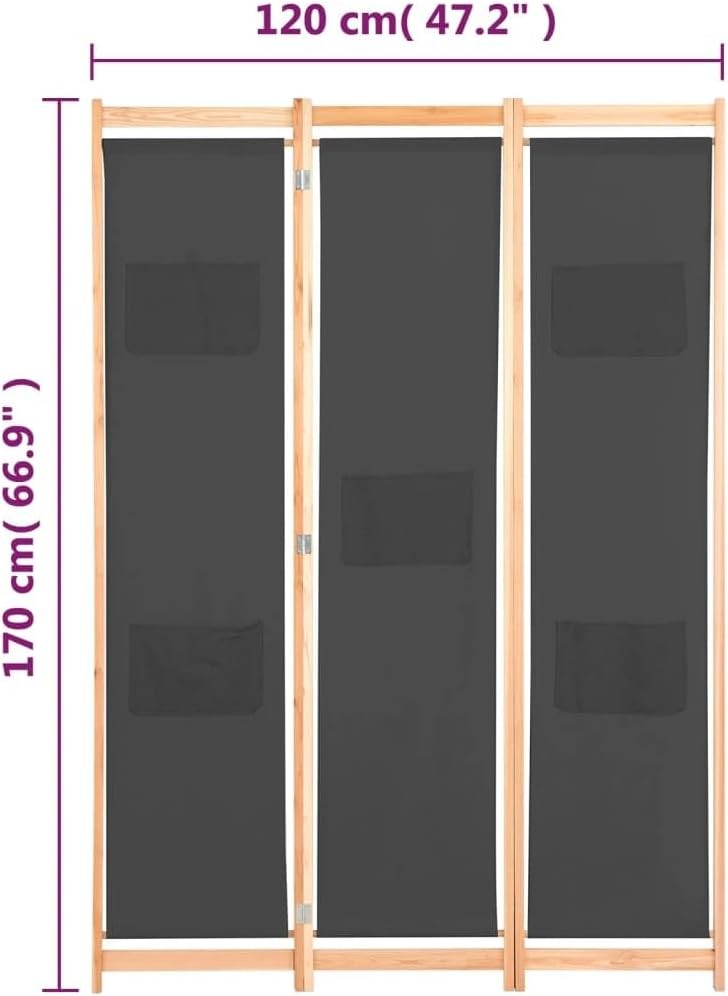3 Panel Grey Fabric Room Divider Folding Privacy Screen with Storage Pockets 170