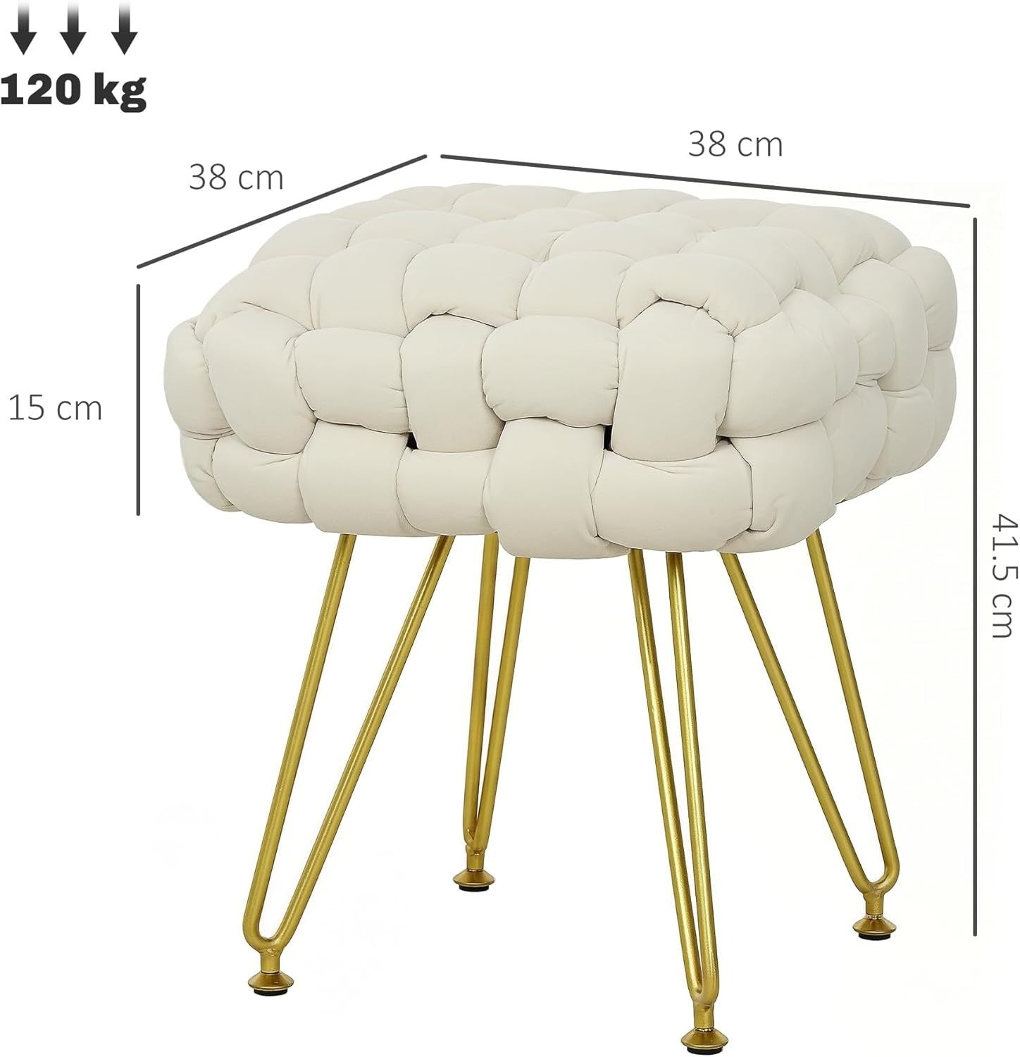Cream White Square Footstool Woven Velvet Seat Ottoman Metal Leg Stool