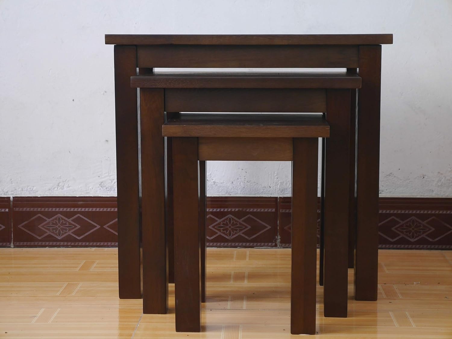 3 Nesting Coffee Tables Set Walnut Oak Wood Rectangular Living Room Side End