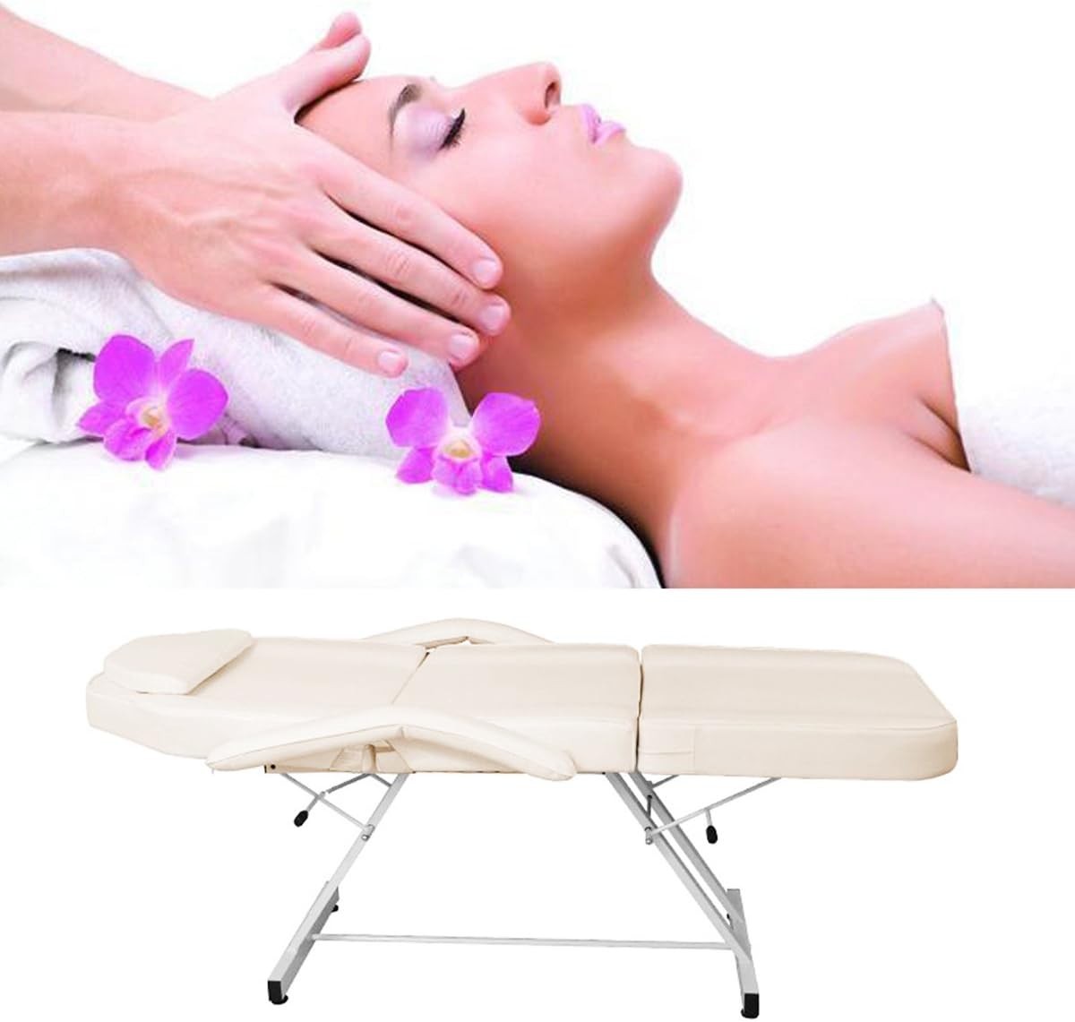 Beauty Massage Bed with Stool Adjustable 3-Section Salon Table Cream White