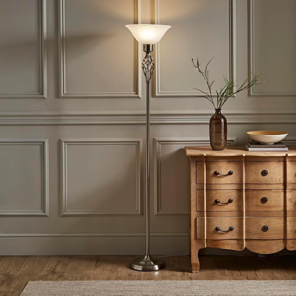 Traditional Floor Lamp Nickel Twist Frosted Glass Shade Tall Standing Light