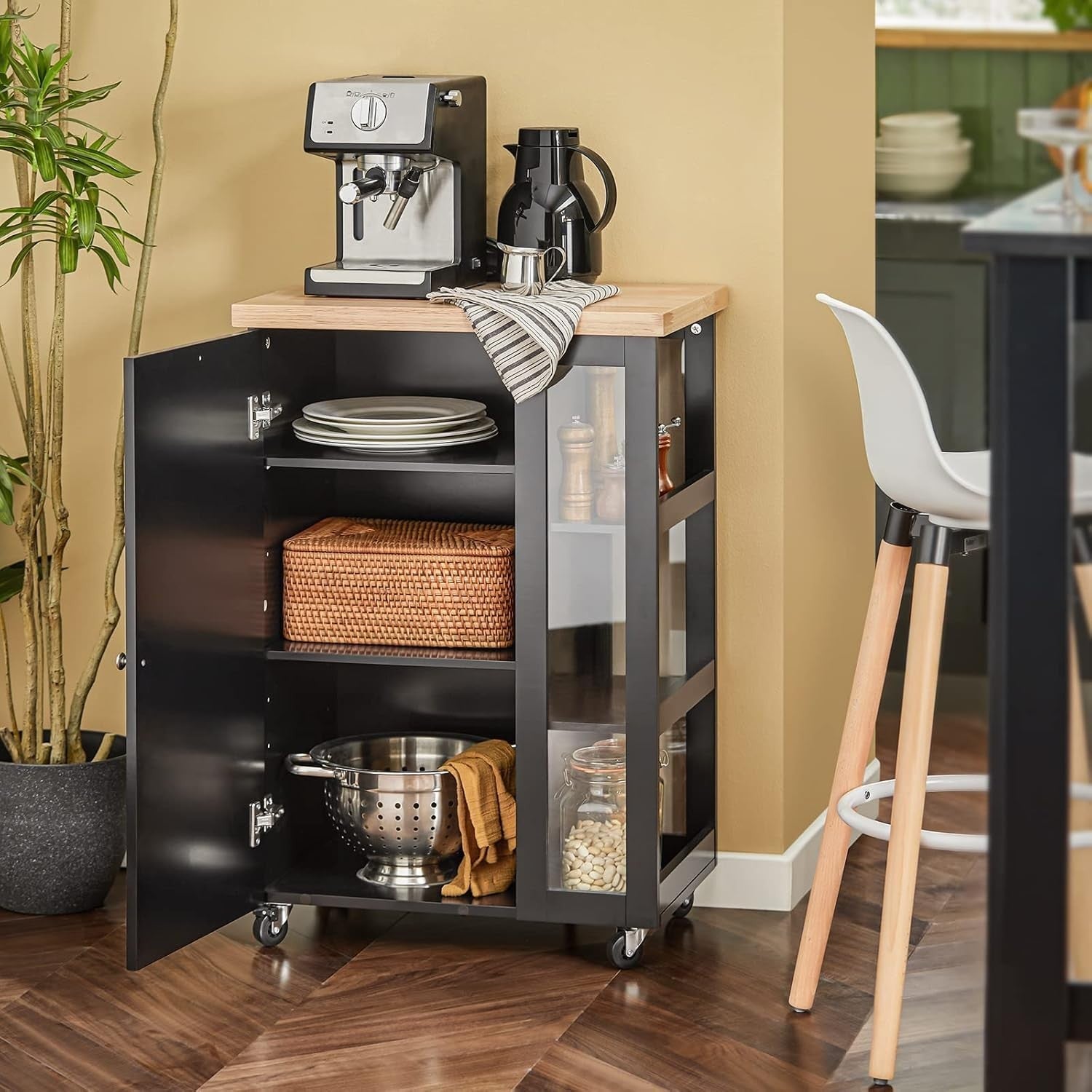Black Compact Kitchen Island on Wheels with Cupboard, Side Rack & Worktop