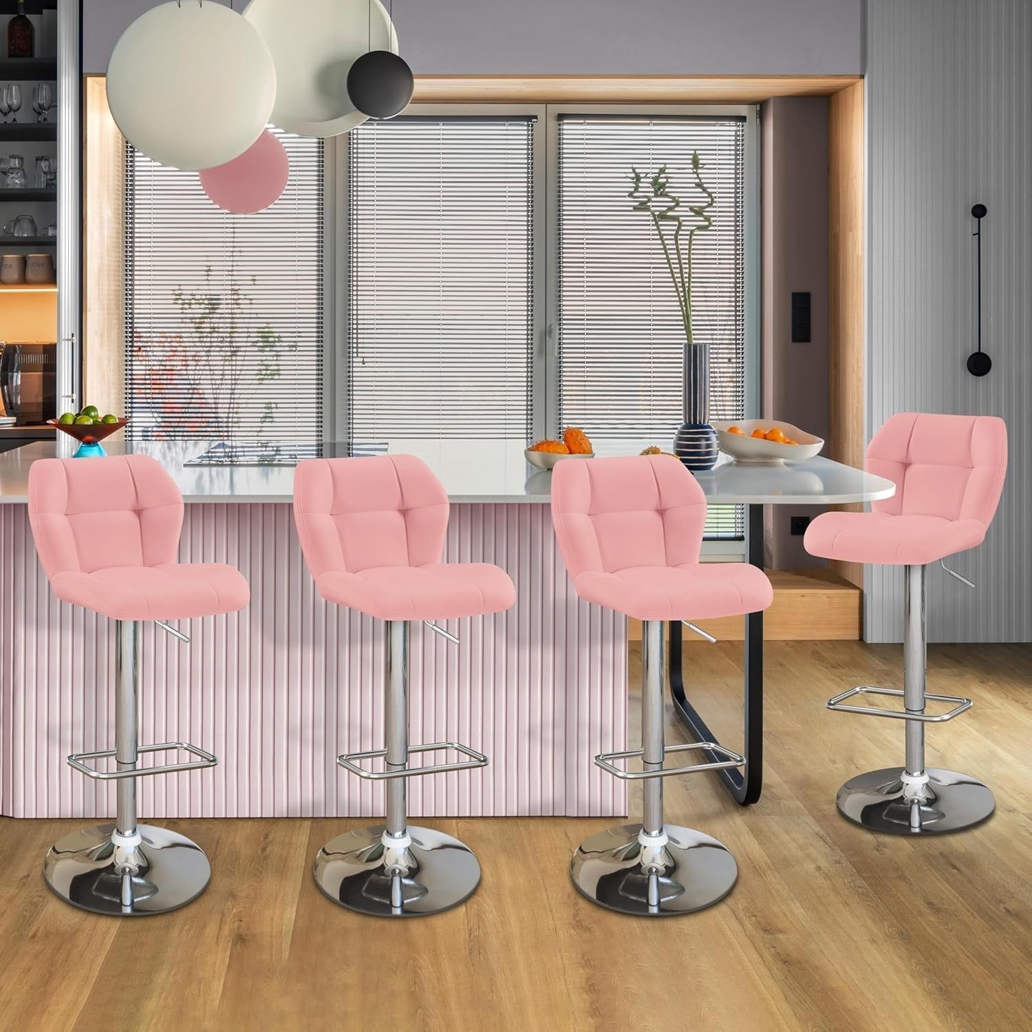 Adjustable Pink PU Leather Bar Stools Set of 4 – Swivel Counter Chairs