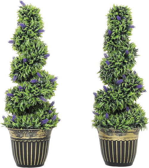 Set of 2 90cm Spiral Boxwood Topiary Trees with Lavender Faux Plants Home Decor