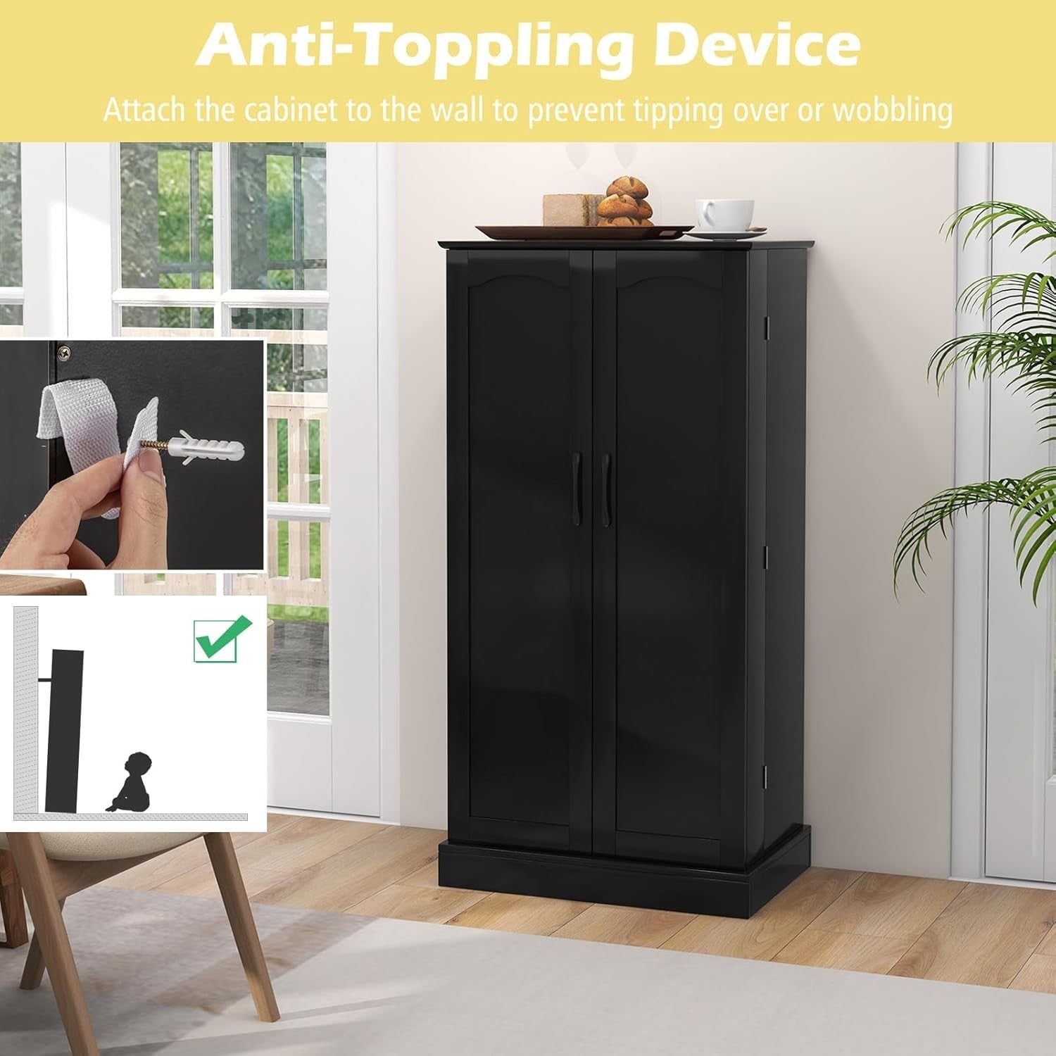 Kitchen Cupboard Pantry Cabinet with 17 Shelves & 2 Doors Black