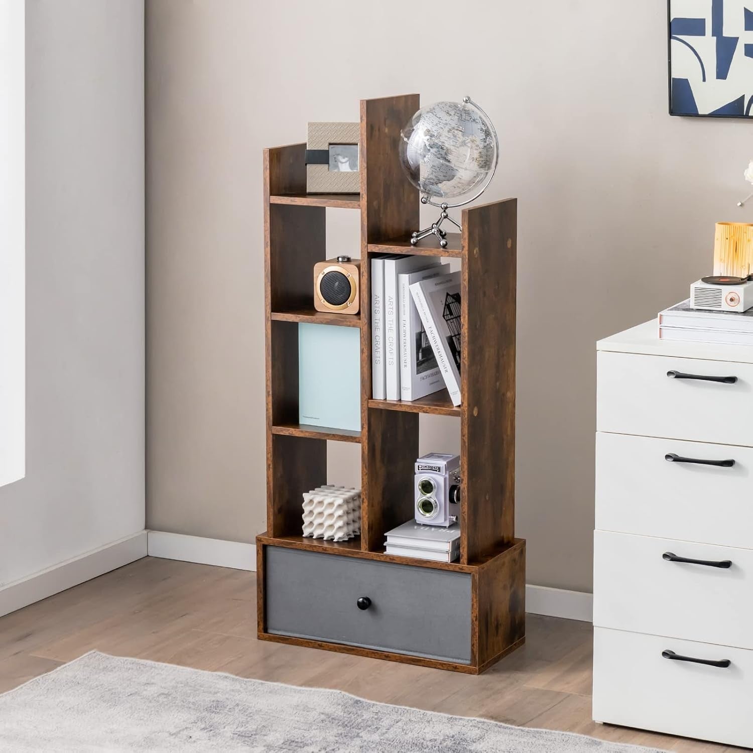 Rustic Brown Tree-Shaped Bookcase Tall 7 Cube Storage Shelf with Drawer