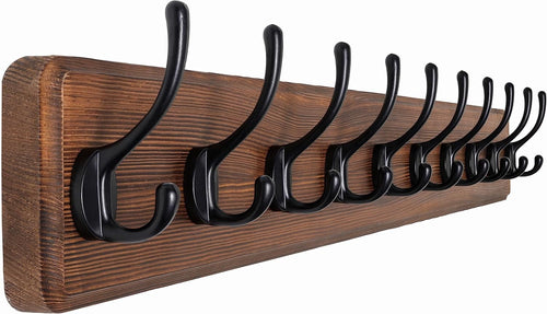 Rustic Solid Wood Wall Mounted Coat Rack with 10 Hooks | Farmhouse Style
