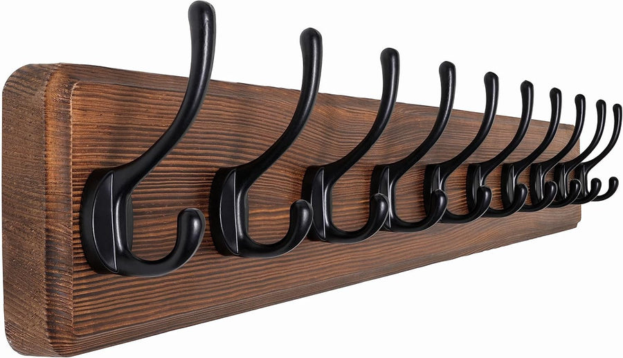 Rustic Solid Wood Wall Mounted Coat Rack with 10 Hooks | Farmhouse Style