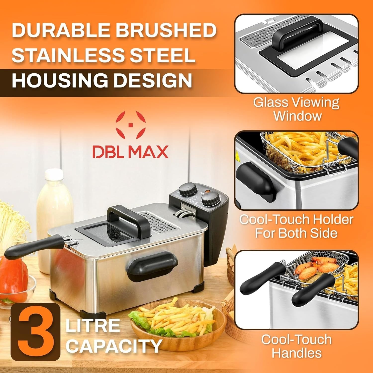 3L Electric Deep Fat Fryer Stainless Steel Adjustable Temp Viewing Window