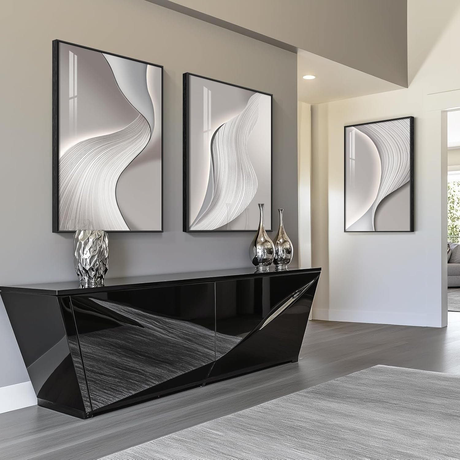 Large Framed Abstract Wall Art 3 Panel Silver Grey 24x36in Modern Decor