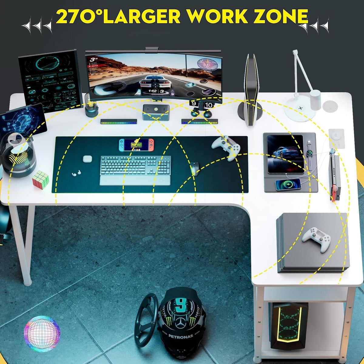 L Shaped Gaming Desk 130x80cm with USB Ports & Shelves – Corner Workstation