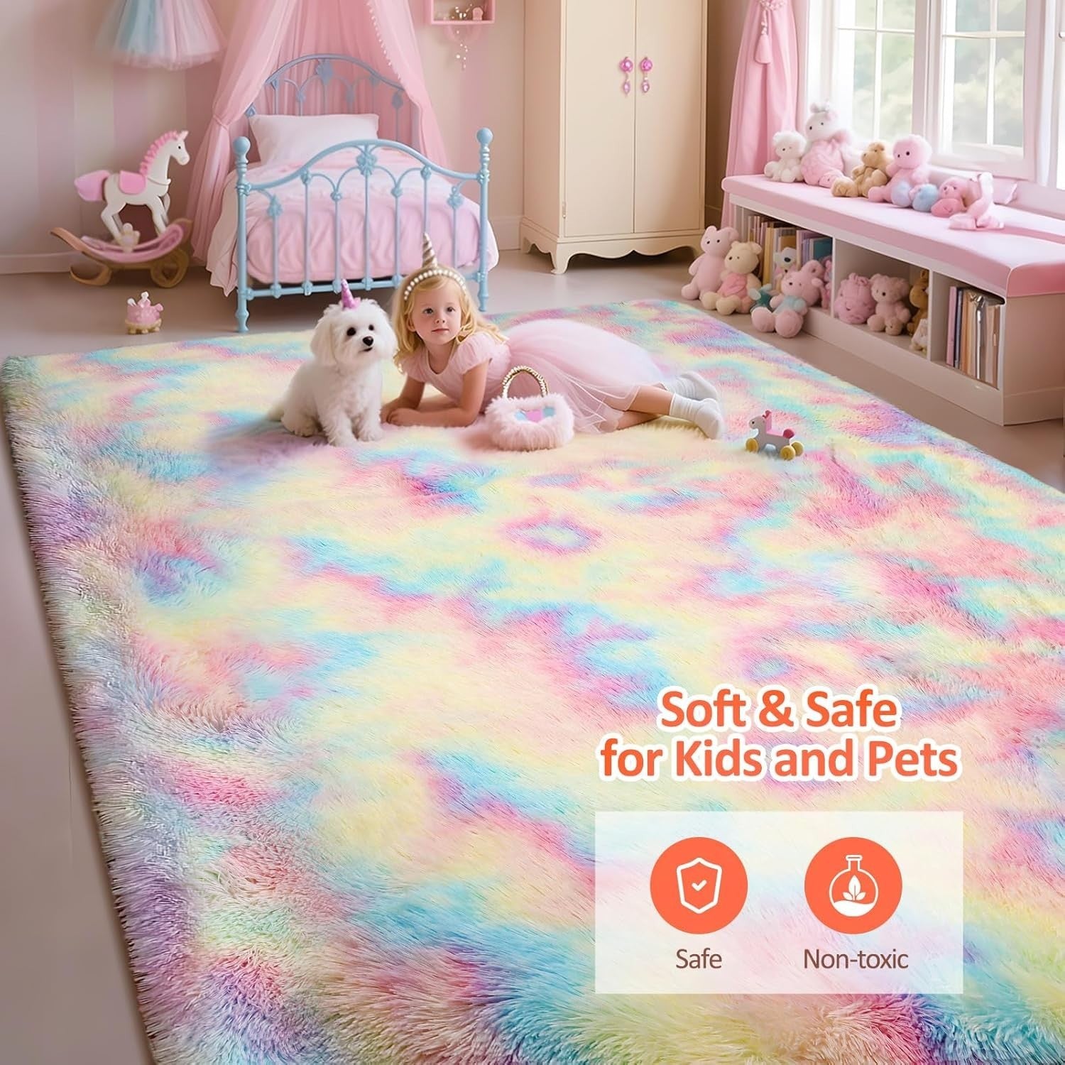 Rainbow Shaggy Area Rug 160x230cm Plush High Pile Carpet Kids Living Room