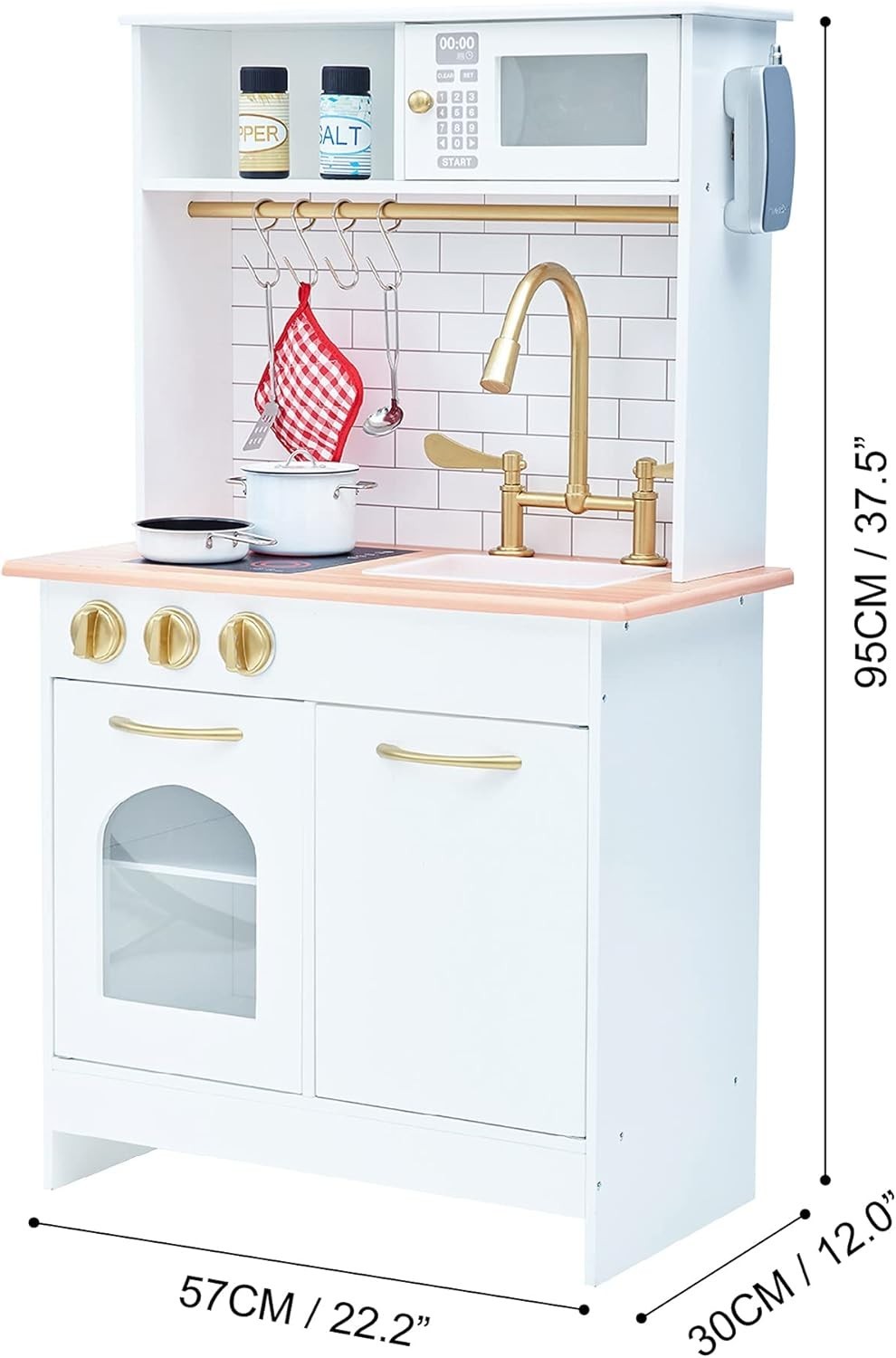 Wooden Kids Play Kitchen Farmhouse Sink Oven Microwave White Gold