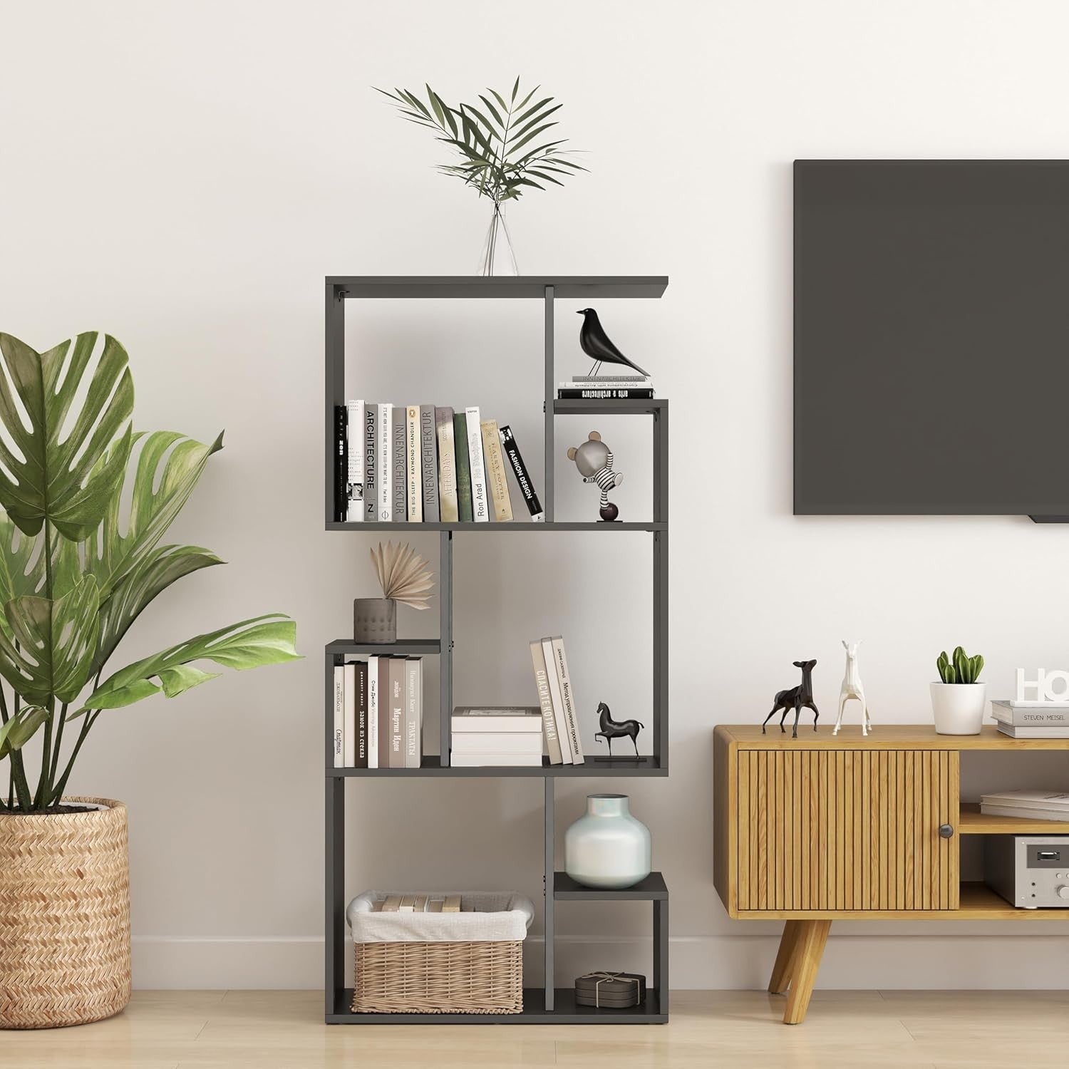 Modern 3-Tier Slim Bookcase Room Divider, Asymmetric Display Storage Unit