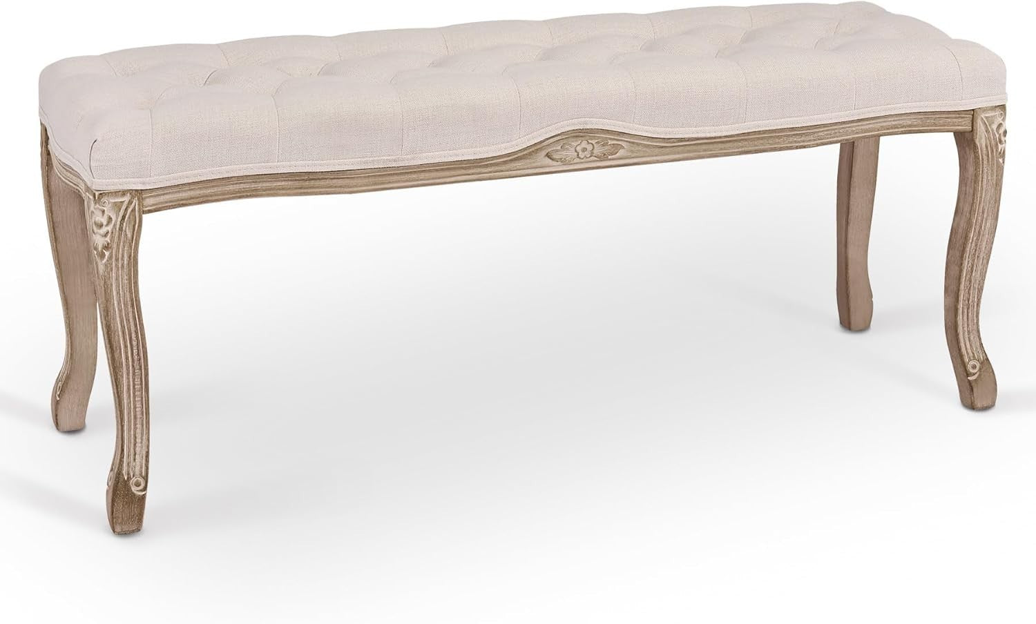 French Vintage Upholstered Ottoman Bench 112cm Padded Seat Footstool Beige