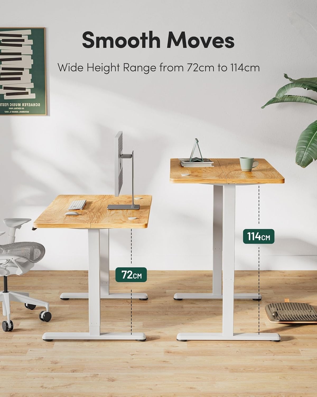 Electric Standing Desk 140x60cm White Frame Light Brown Adjustable Table