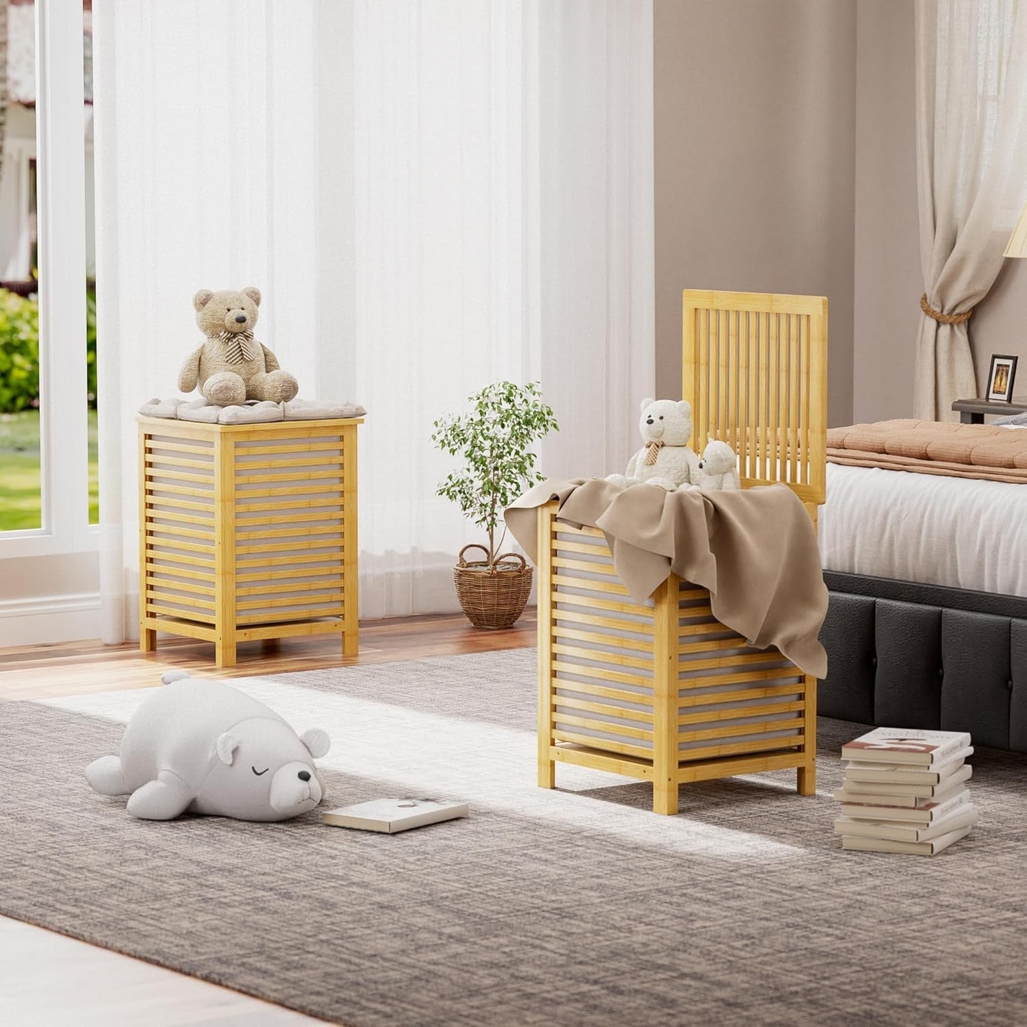 Natural Bamboo Double Laundry Hamper with Lid 120L 2 Section Basket 47x47x65cm