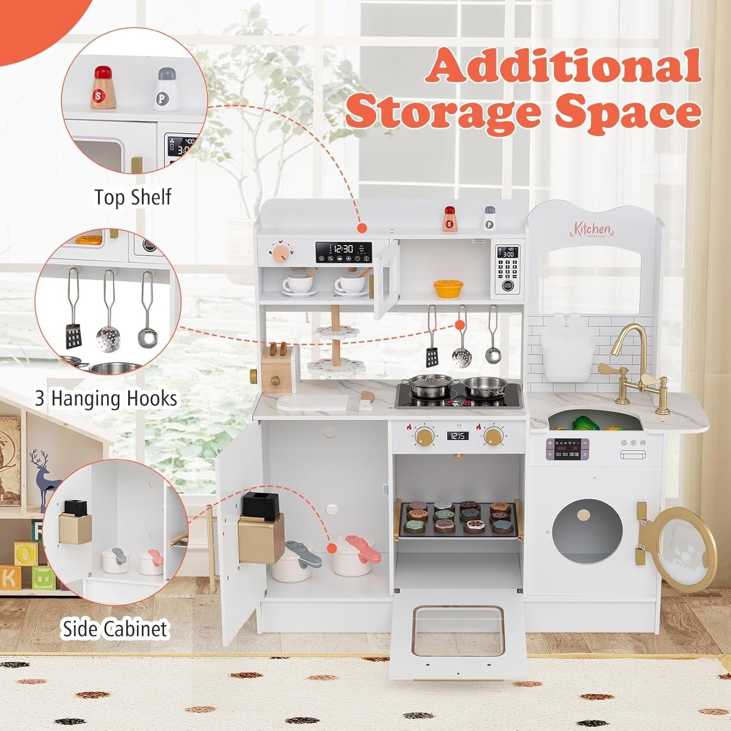 Wooden Toddler Chef Kitchen Set Lights Sounds Ice Maker Toy White