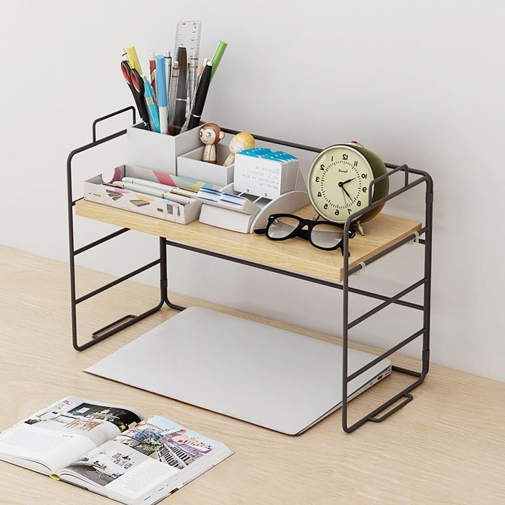 Desktop Organizer Shelf Compact Wood Display Rack Bookcase Storage Black Frame