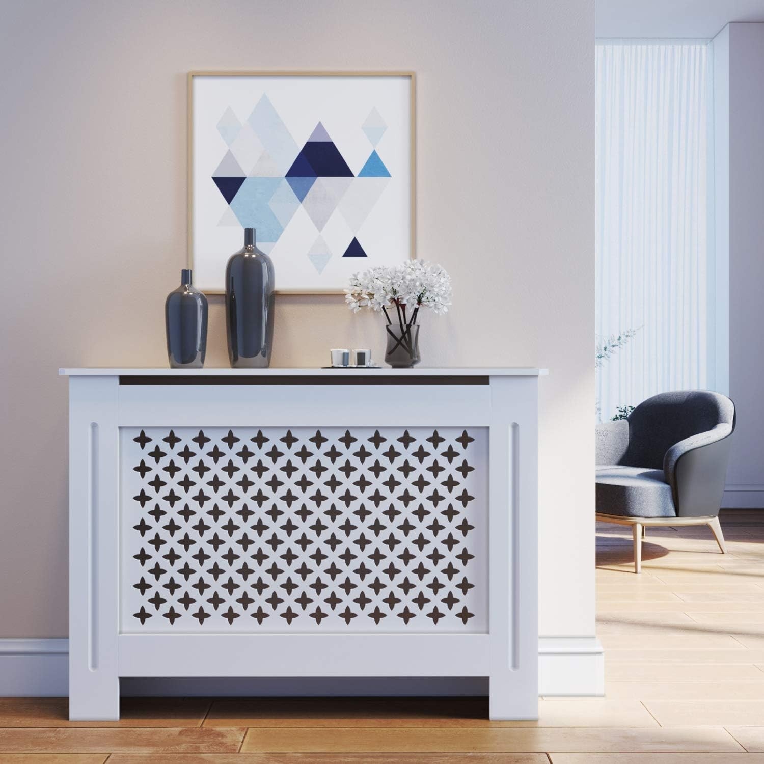 White Radiator Cover Cabinet Extra Large MDF Cross Slat Modern Unit, Medium