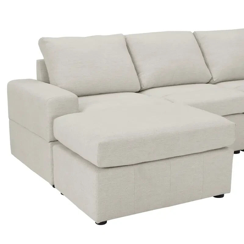 4 Seater Modular Sofa Light Grey Linen with Footstools – Family Couch Set