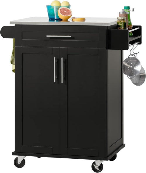 Mobile Kitchen Island Cart with Stainless Steel Top, Storage Drawer & Cabinet