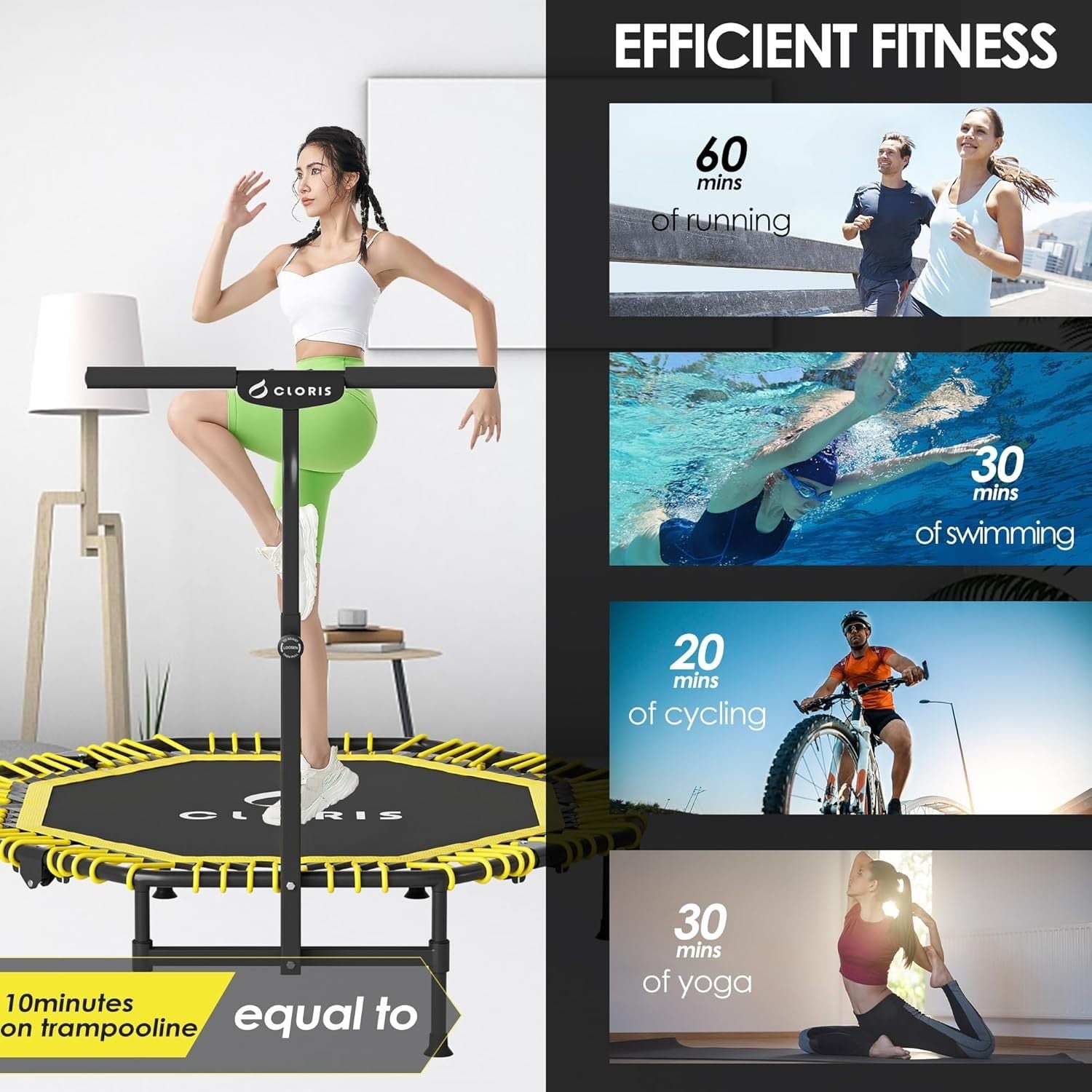 48” Folding Fitness Trampoline Rebounder w Adjustable Handle 450lbs