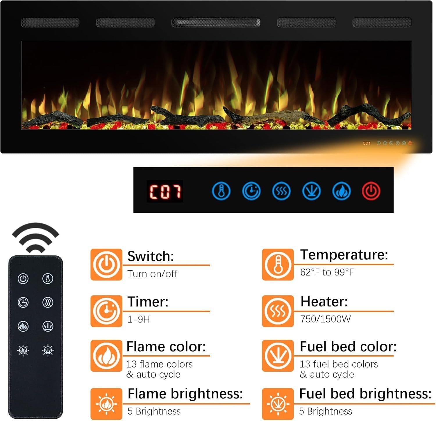 152cm WiFi Electric Fireplace Insert Recessed Wall Mount Heater 750/1500W