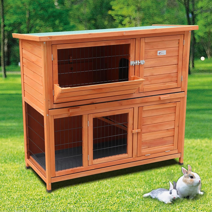 Large 4ft Two Tier Rabbit Hutch Outdoor Double Decker with Trays Ramp