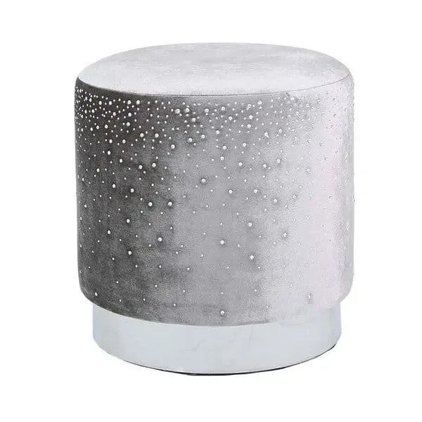 Grey Round Velvet Stool with Sparkle Diamante Detail – Compact Ottoman Seat