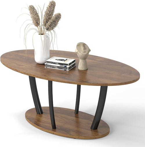 Oval 2-Tier Coffee Table Rustic Brown with Storage Shelf, Modern 100x55cm