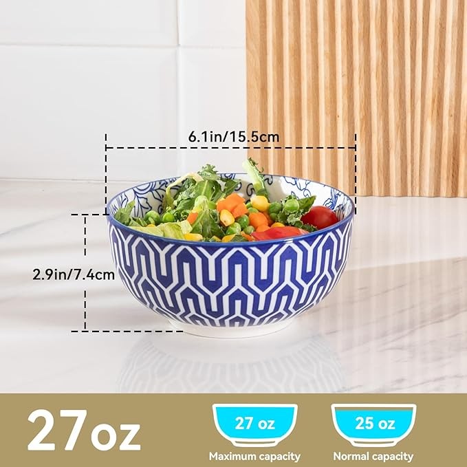 6pc Blue Porcelain Cereal Bowls Set 29oz Deep Soup Ramen Bowls
