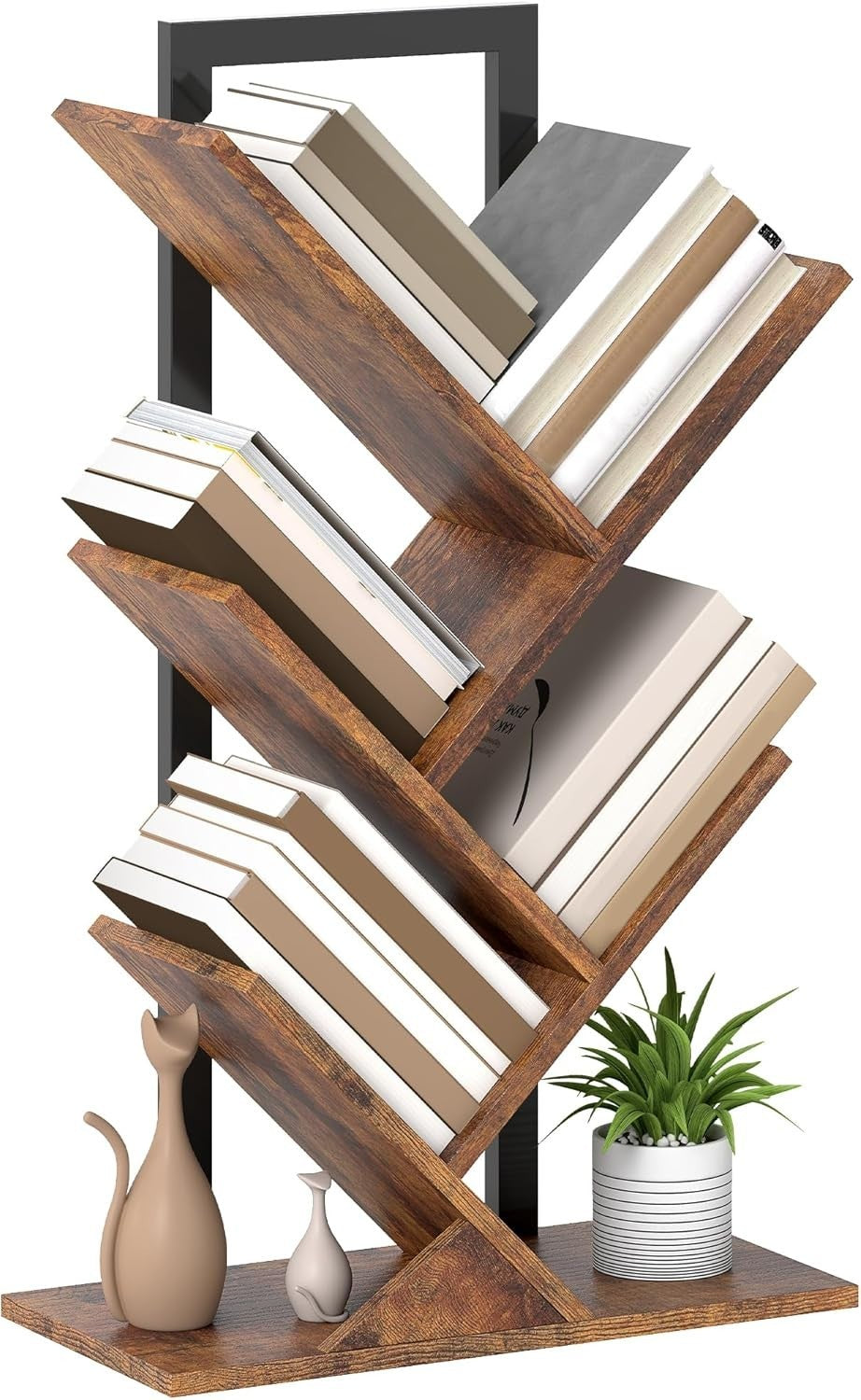 Industrial 5-Tier Tree Bookshelf with Steel Frame, Compact Storage Unit