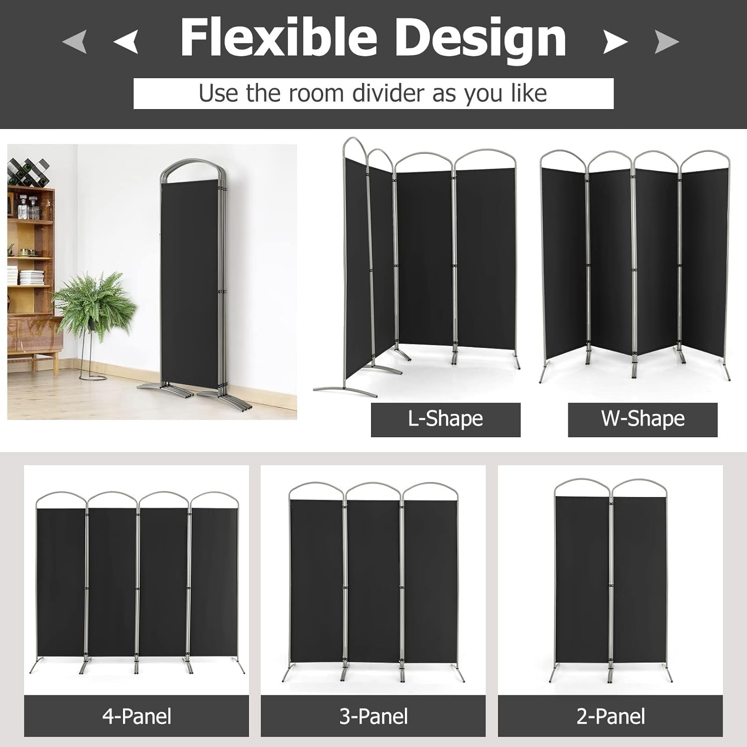4 Panel Black Folding Room Divider Privacy Screen for Bedroom Office Decor 188cm