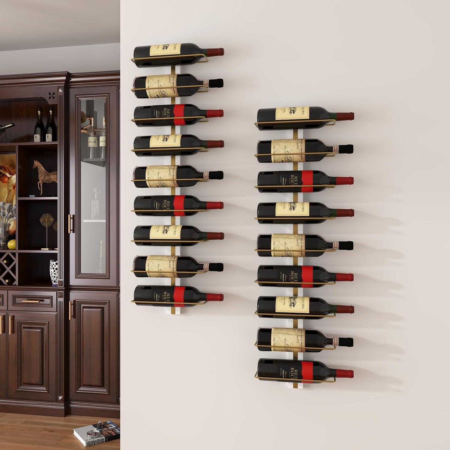 Wall Mounted Wine Rack Metal & Wood Bottle Holder 7-Tier Modern Display Shelf