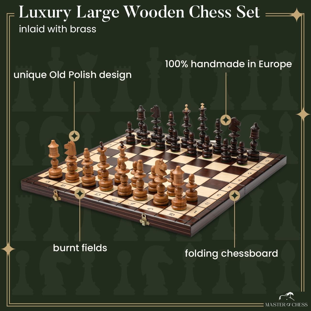56cm Luxury Wooden Chess Set | Handcrafted Old Polish Design | Copper Inlay Boar