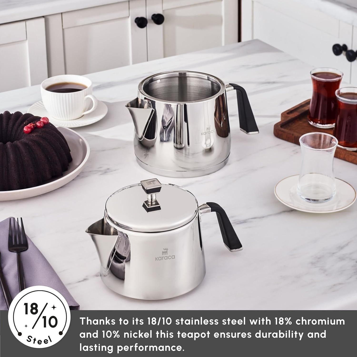 Turkish Teapot Set 3L Stainless Steel Caydanlik Induction Compatible
