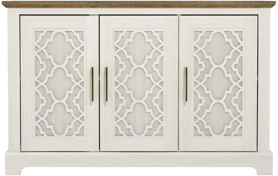 Freestanding 3-Door Storage Cabinet Cream Oak Sideboard Adjustable Shelf (S)