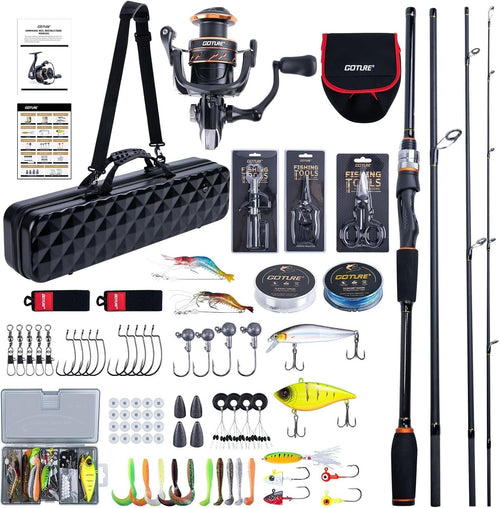 4 Piece Travel Fishing Rod Reel Kit Carbon Fibre Case Lures Tools Set
