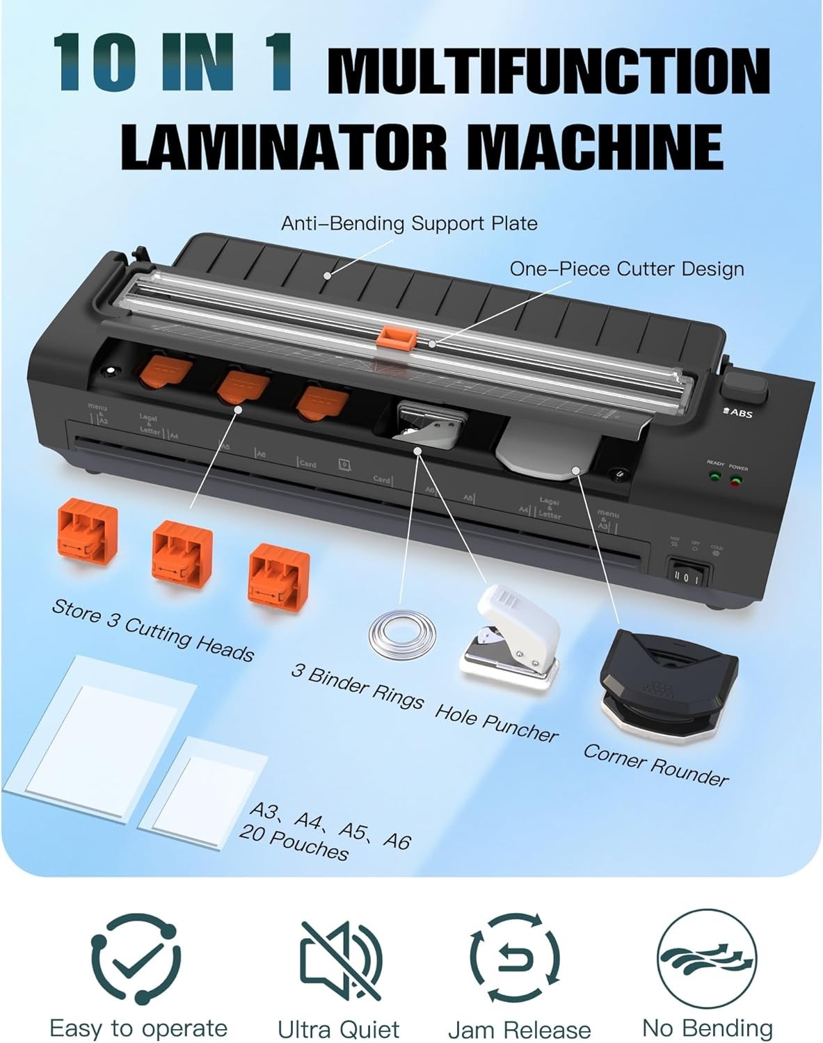 A3 Laminator 10-in-1 Auto Feed Hot Cold Anti Jam Trimmer + 20 Sheets