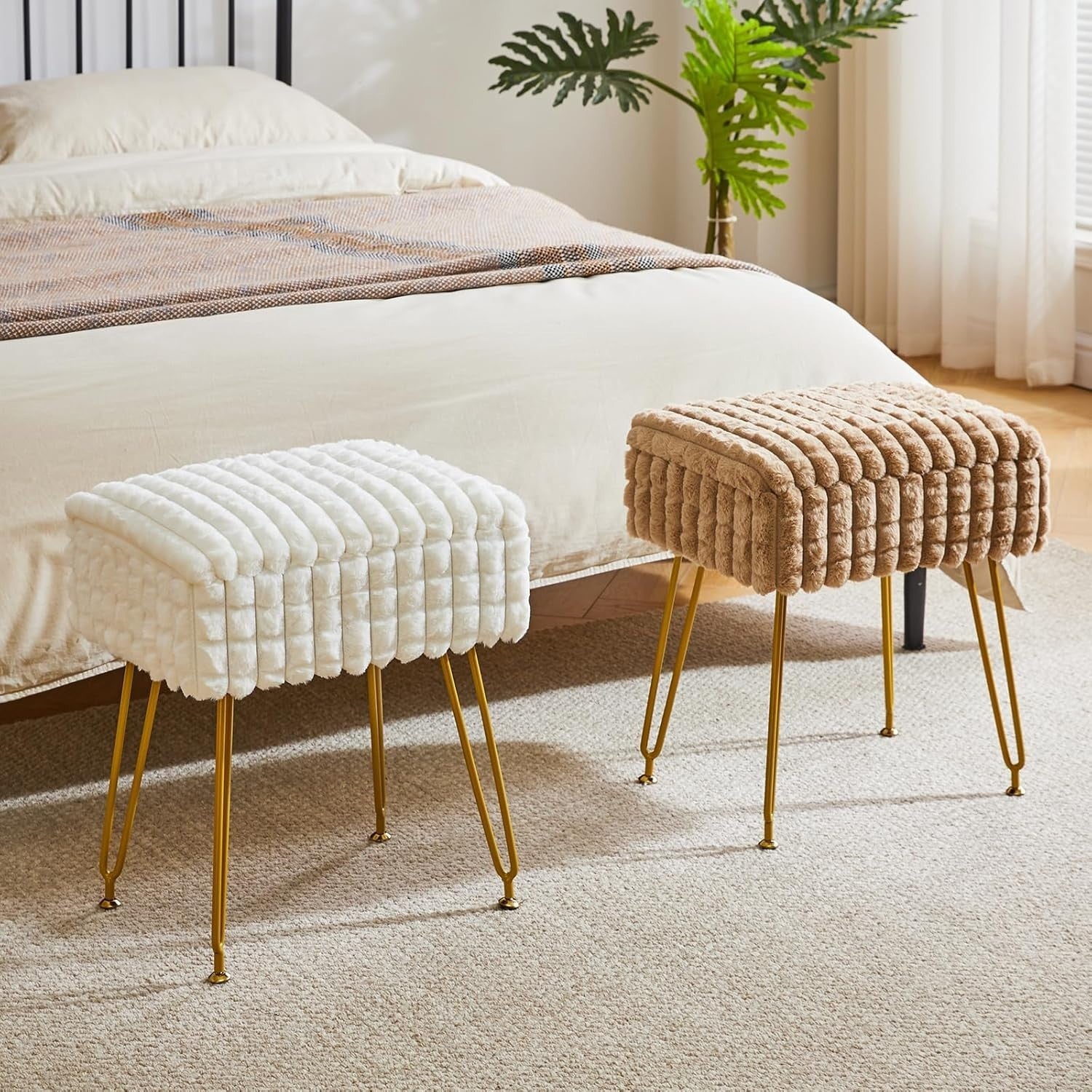 Creamy-White Velvet Round Vanity Stool with Golden Steel Legs