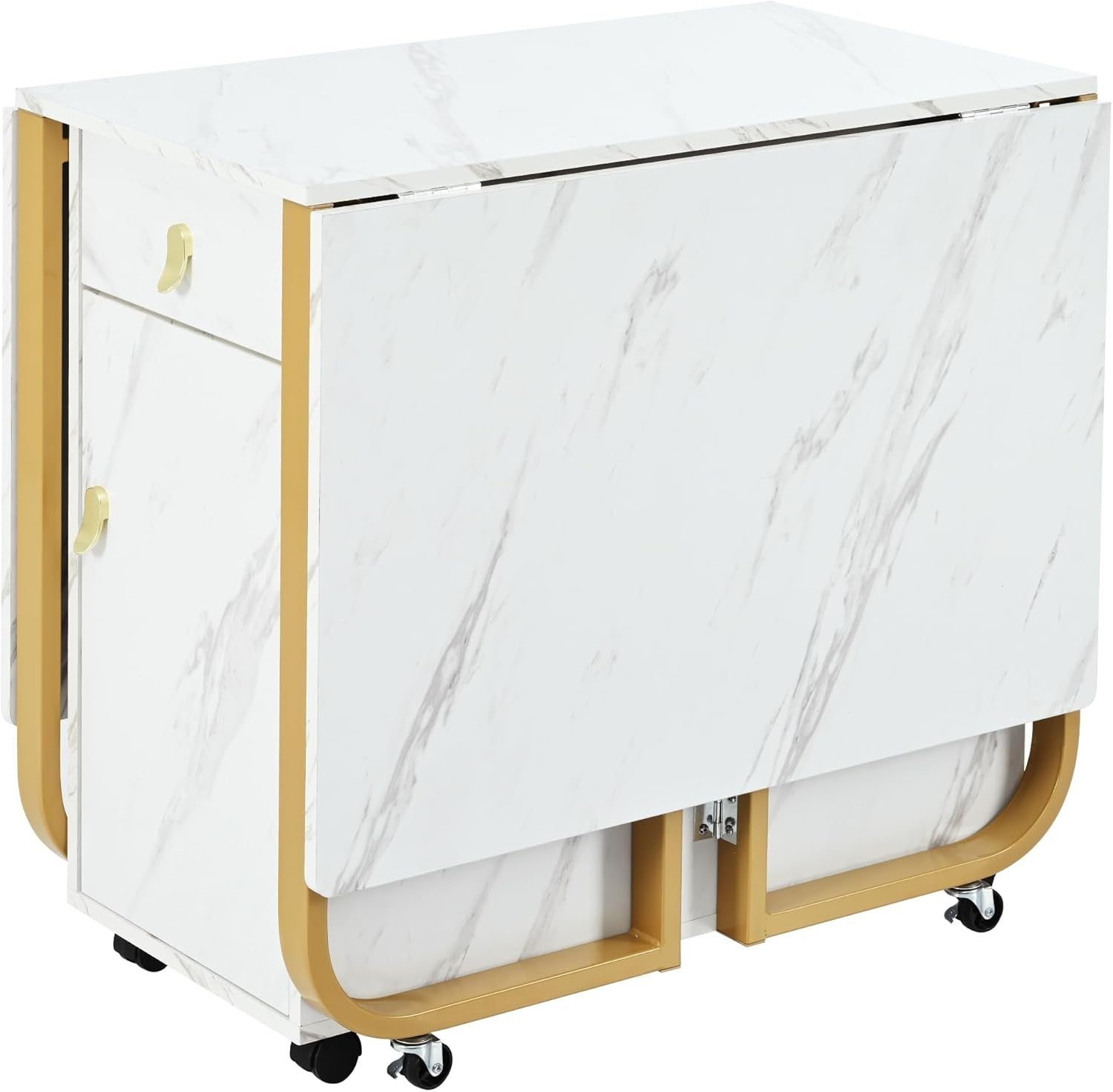 Folding Drop Leaf Dining Table with Cupboard & Drawers Space Saving 150cm White