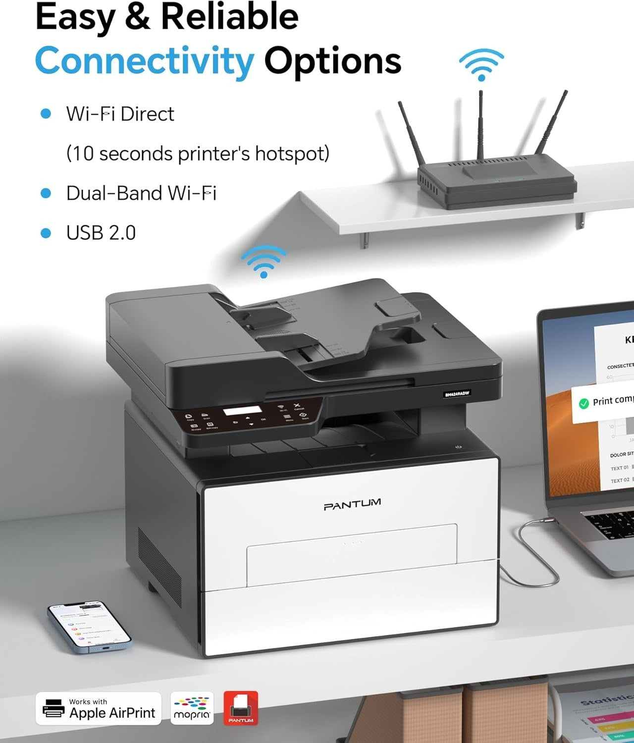 White Mono Laser Printer A4 30ppm 3-in-1 Auto Duplex WiFi USB