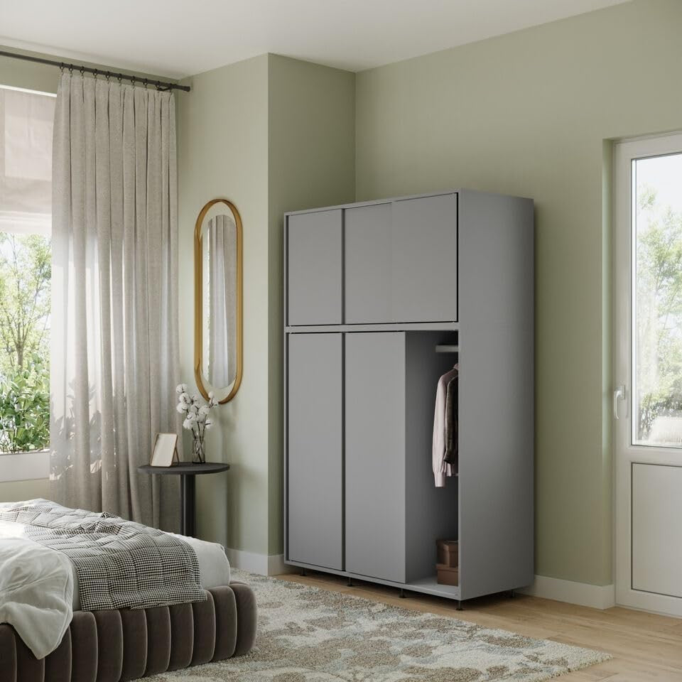 6-Door Grey Sliding Wardrobe with Adjustable Feet & Modern Bedroom Storage