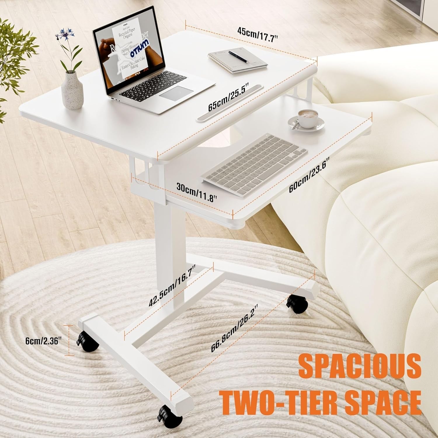Compact Adjustable Standing Desk 65x45cm Two-Tier Mobile Workstation White