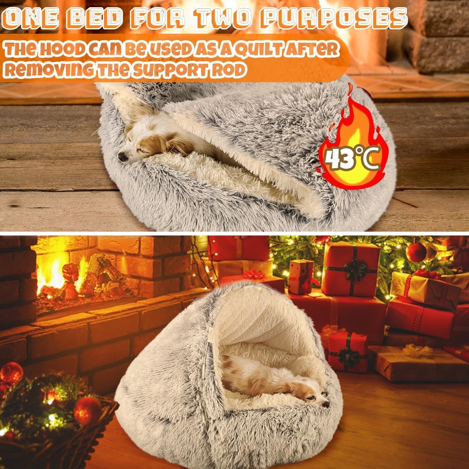 Fluffy Calming Dog Cave Bed 80x80x55cm Hooded Washable